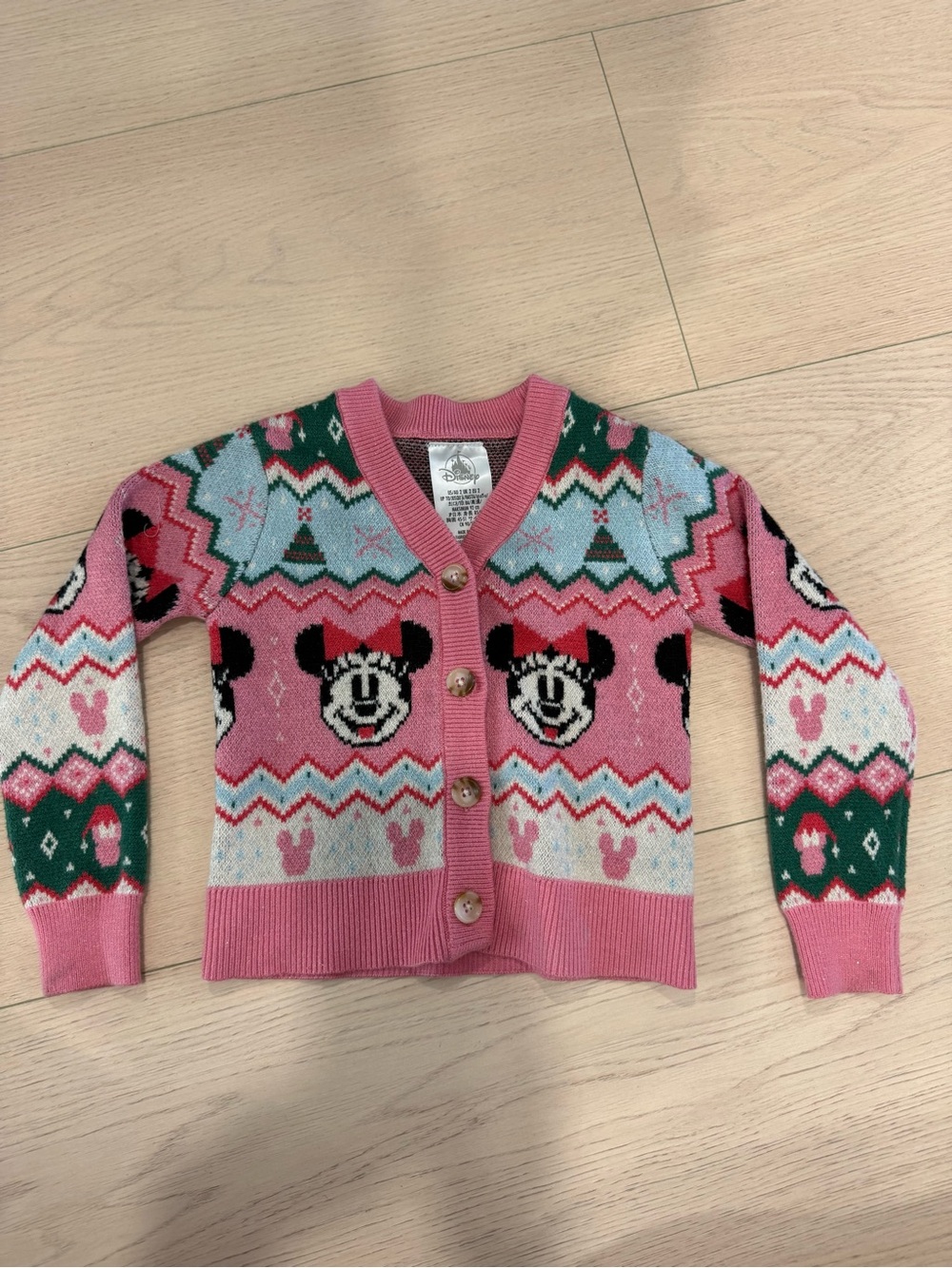 Disney Kids’ Holiday Pink Patterned Minnie Mouse Fair Isle Cardigan | 2T